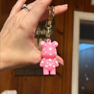Bear fun bear bag charm/keychain has clip& keyring pink with white designs NIP